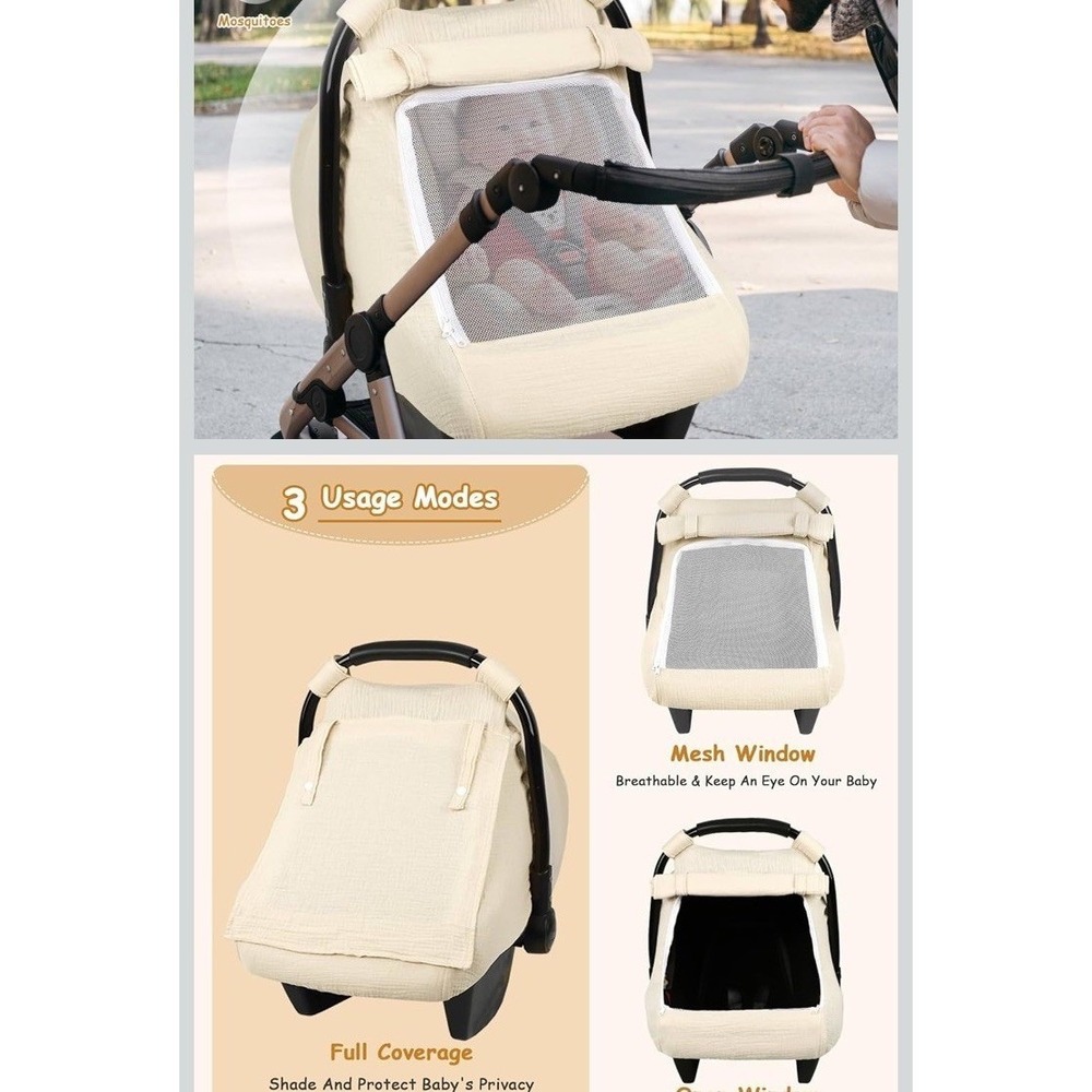 Unbranded Car Seat Cover Baby OS Beige New Muslin Canopy Mesh Window C496